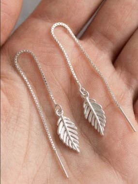 Sterling Silver Leaf Threader Earrings | Minimalist Jewelry NWT